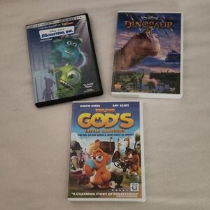 3 DVDs: Monsters Inc., Dinosaur, God's Little Creatures